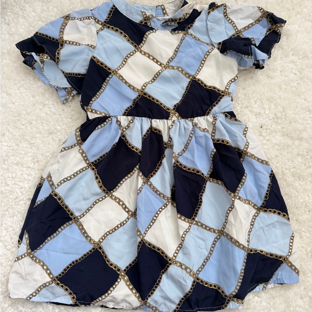 Janie and Jack Stylish Kids Chain Pattern Dress - Blue and White